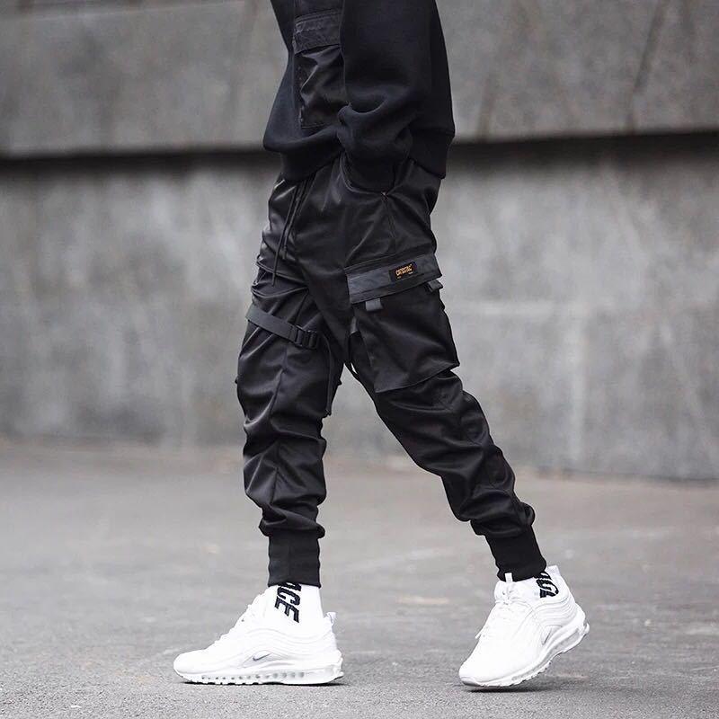 Men Ribbons Color Block Black Pocket Cargo Pants Harem Joggers Harajuku Sweatpant Hip Hop Trousers
