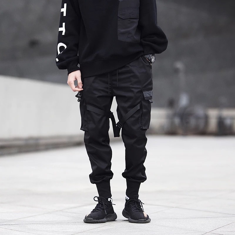 Men Ribbons Color Block Black Pocket Cargo Pants Harem Joggers Harajuku Sweatpant Hip Hop Trousers