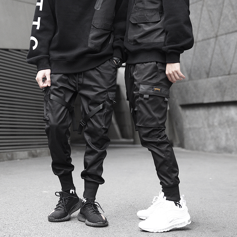 Men Ribbons Color Block Black Pocket Cargo Pants Harem Joggers Harajuku Sweatpant Hip Hop Trousers
