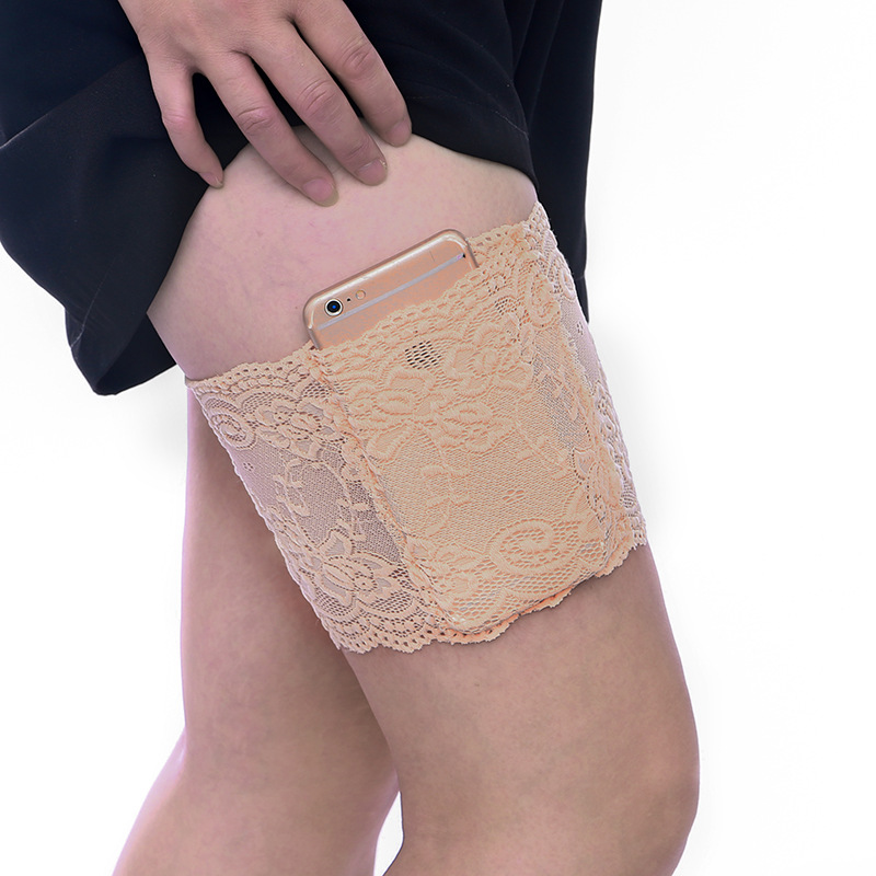 1Pc Thigh Bands Sexy Lace Flower Women Anti-skid Sock Thigh Garters Leg Warmers Cuffs Phone Pocket