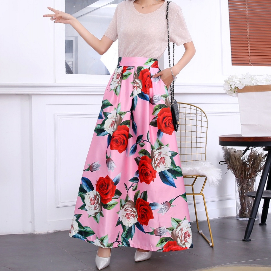 Skirts Women High Waist Pockets Long Skirts Vintage Chic Floral Printed Maxi Skirt Plus size Dresses
