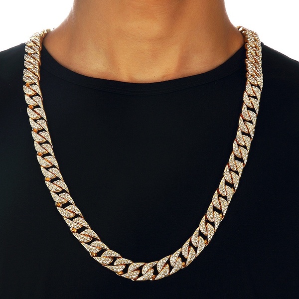 Iced Out Rhinestone Golden Finish Cuban Link Chain Necklace Men Hip Hop Necklace Bracelet Jewellry