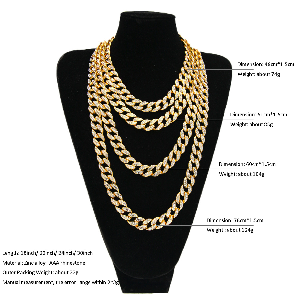 Iced Out Rhinestone Golden Finish Cuban Link Chain Necklace Men Hip Hop Necklace Bracelet Jewellry