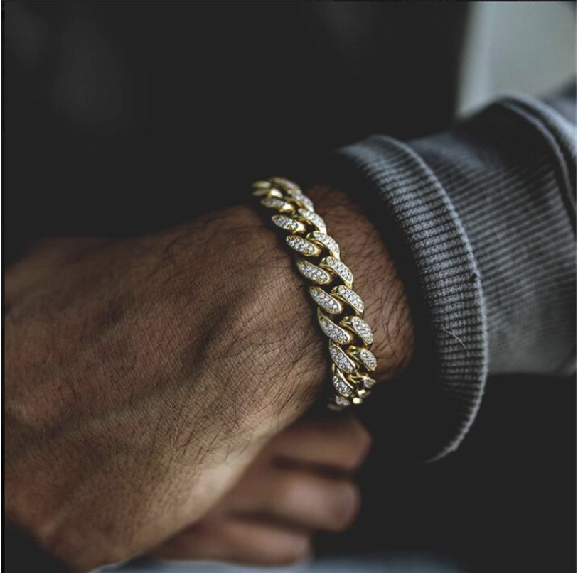 Men Iced Out Bling Rhinestone Miami Cuban Link Chain Hip Hop Bracelet Gold Chain Jewellery