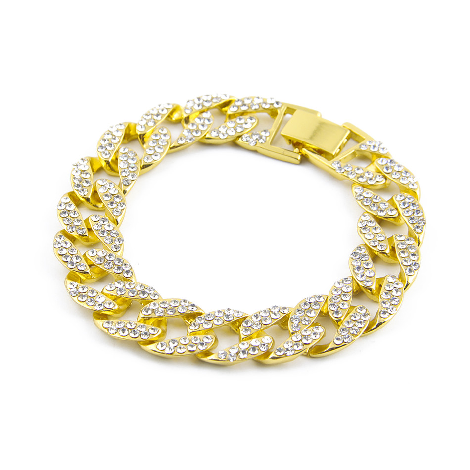 Men Iced Out Bling Rhinestone Miami Cuban Link Chain Hip Hop Bracelet Gold Chain Jewellery