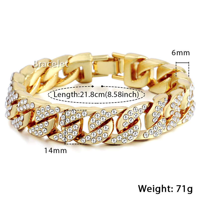 Men Iced Out Bling Rhinestone Miami Cuban Link Chain Hip Hop Bracelet Gold Chain Jewellery
