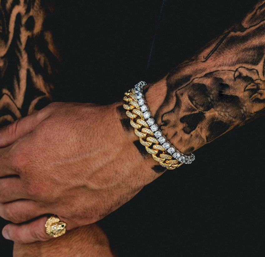 Men Iced Out Bling Rhinestone Miami Cuban Link Chain Hip Hop Bracelet Gold Chain Jewellery