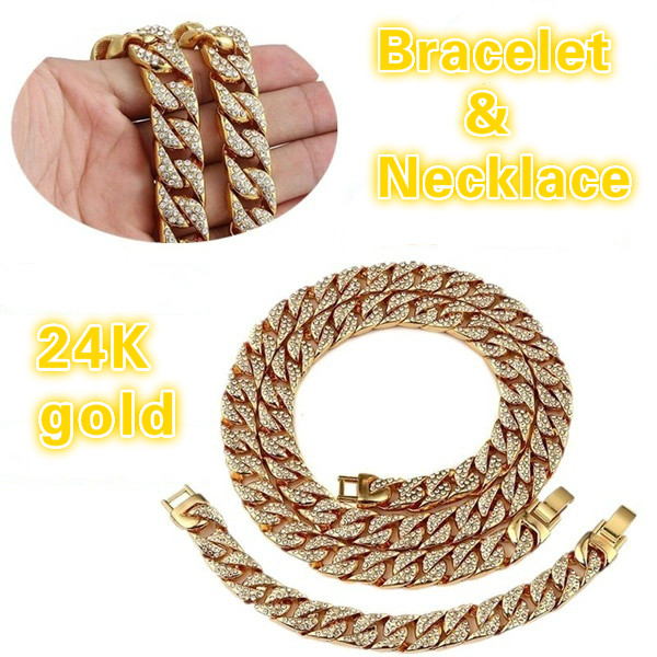 Iced Out Rhinestone Golden Finish Cuban Link Chain Necklace Men Hip Hop Necklace Bracelet Jewellry