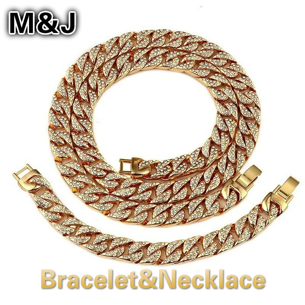 Iced Out Rhinestone Golden Finish Cuban Link Chain Necklace Men Hip Hop Necklace Bracelet Jewellry
