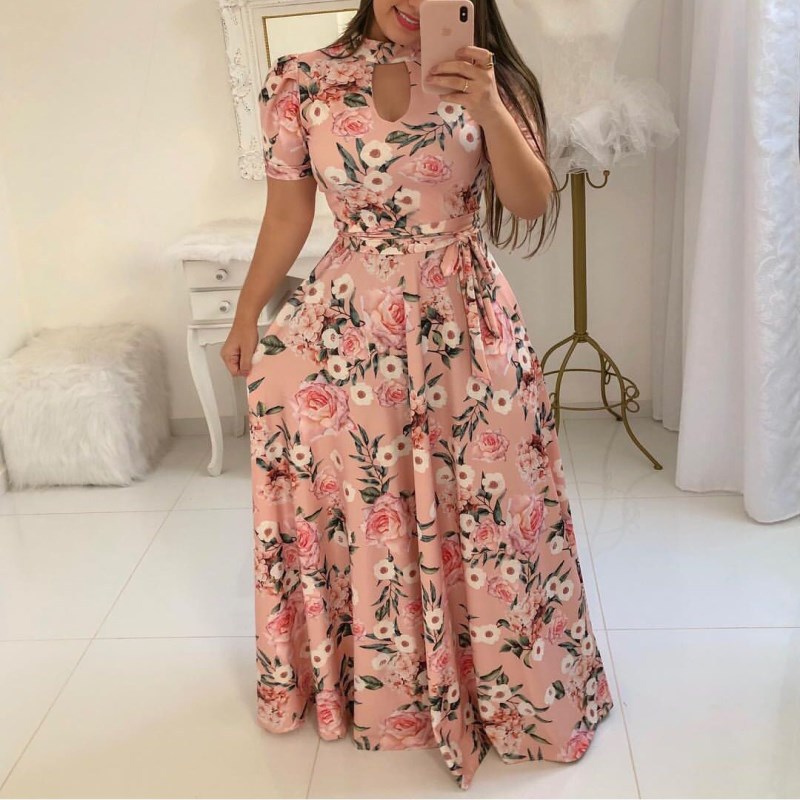 Women Dresses Short Sleeve Long Dress Floral Print Maxi Dress Bandage Elegant Plus Size Long Sleeve Dresses