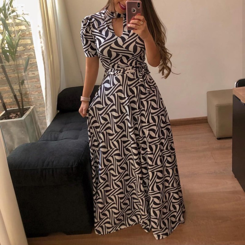 Women Dresses Short Sleeve Long Dress Floral Print Maxi Dress Bandage Elegant Plus Size Long Sleeve Dresses