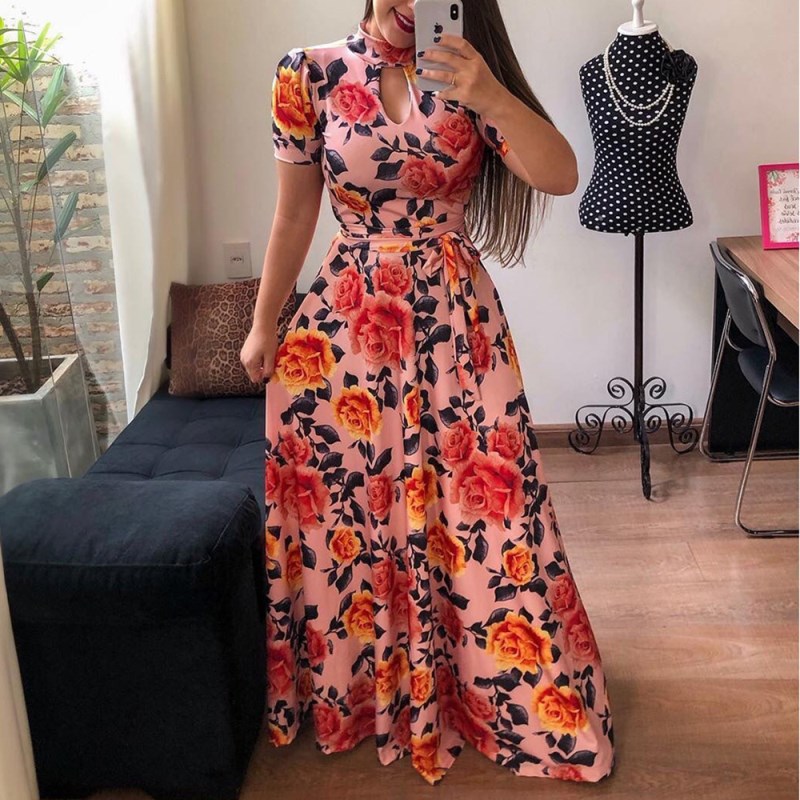 Women Dresses Short Sleeve Long Dress Floral Print Maxi Dress Bandage Elegant Plus Size Long Sleeve Dresses