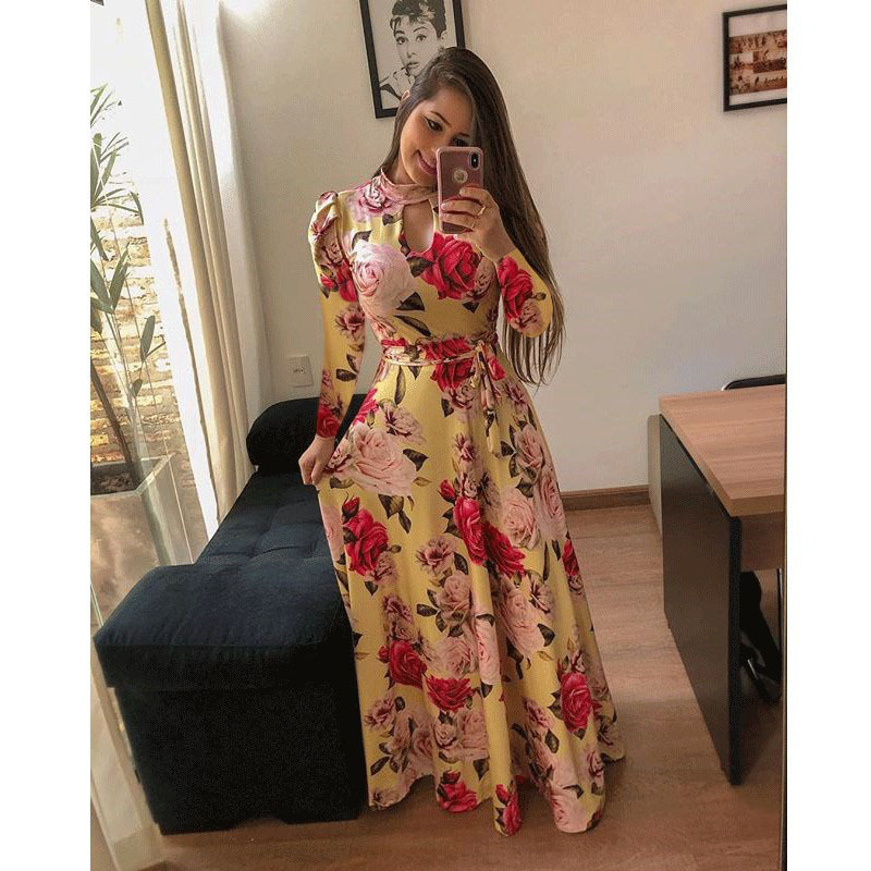 Women Dresses Short Sleeve Long Dress Floral Print Maxi Dress Bandage Elegant Plus Size Long Sleeve Dresses