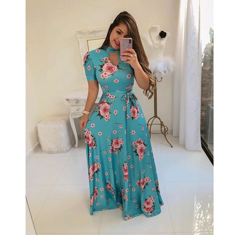 Women Dresses Short Sleeve Long Dress Floral Print Maxi Dress Bandage Elegant Plus Size Long Sleeve Dresses