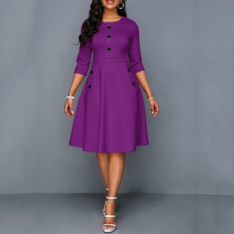 Women Elegant Office Work Dresses Buttons Round Neck 3/4 Sleeve A-Line Retro Waist Knee-Length Dress