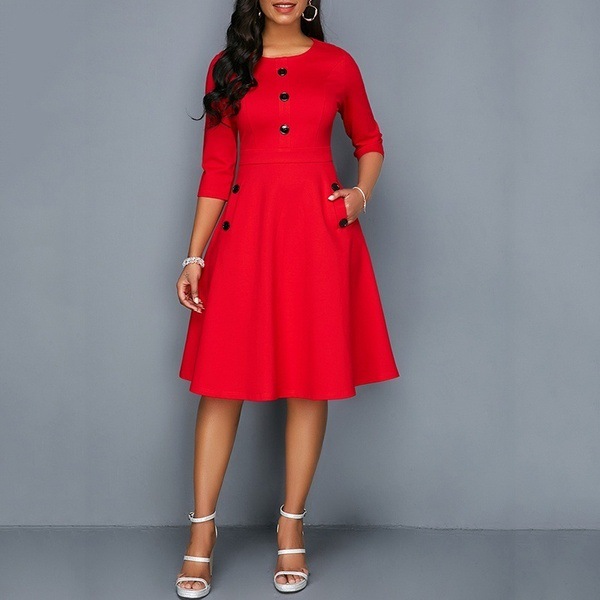 Women Elegant Office Work Dresses Buttons Round Neck 3/4 Sleeve A-Line Retro Waist Knee-Length Dress