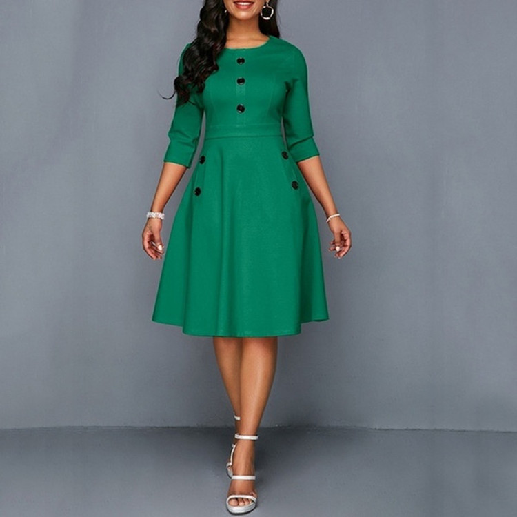 Women Elegant Office Work Dresses Buttons Round Neck 3/4 Sleeve A-Line Retro Waist Knee-Length Dress