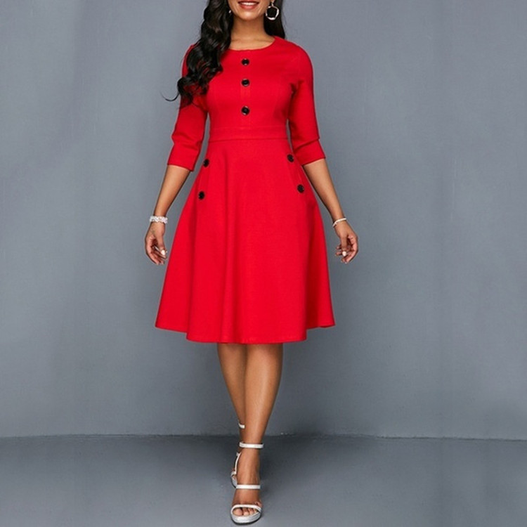 Women Elegant Office Work Dresses Buttons Round Neck 3/4 Sleeve A-Line Retro Waist Knee-Length Dress