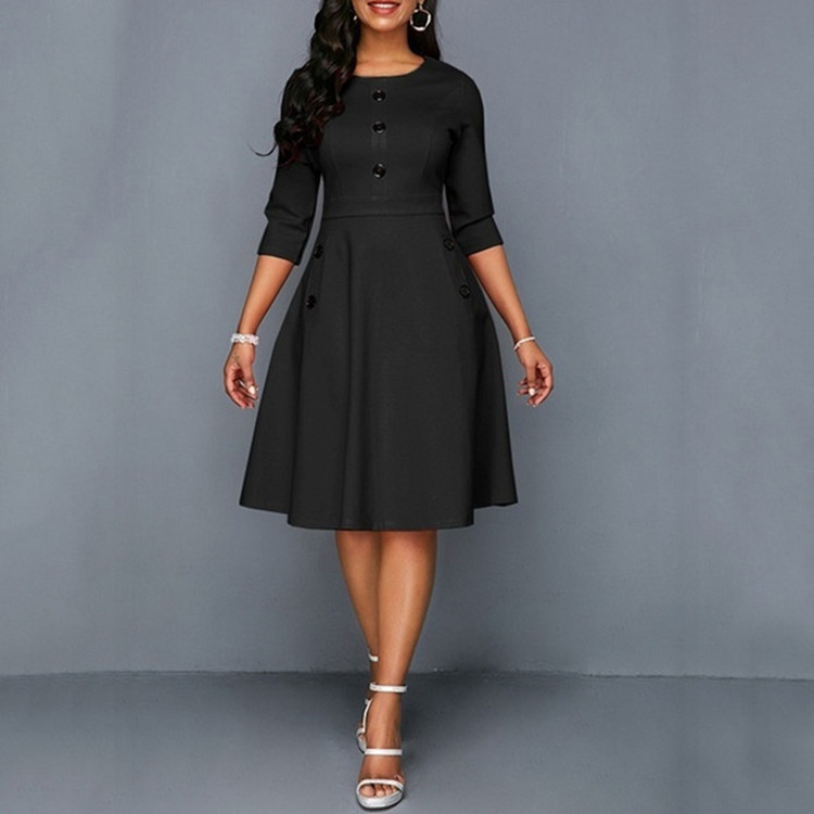 Women Elegant Office Work Dresses Buttons Round Neck 3/4 Sleeve A-Line Retro Waist Knee-Length Dress