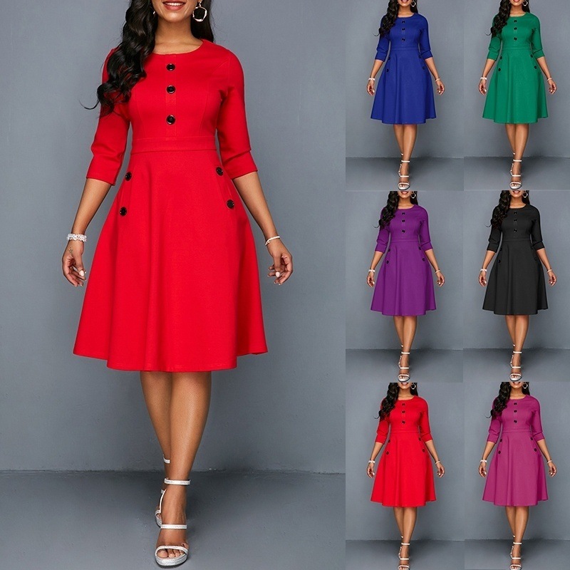 Women Elegant Office Work Dresses Buttons Round Neck 3/4 Sleeve A-Line Retro Waist Knee-Length Dress