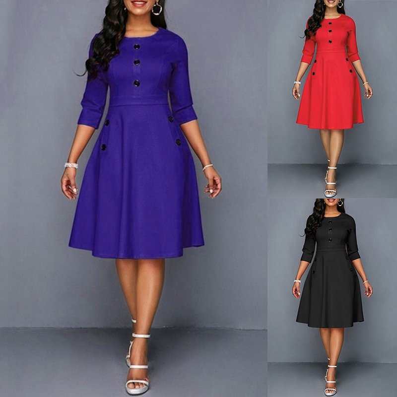 Women Elegant Office Work Dresses Buttons Round Neck 3/4 Sleeve A-Line Retro Waist Knee-Length Dress