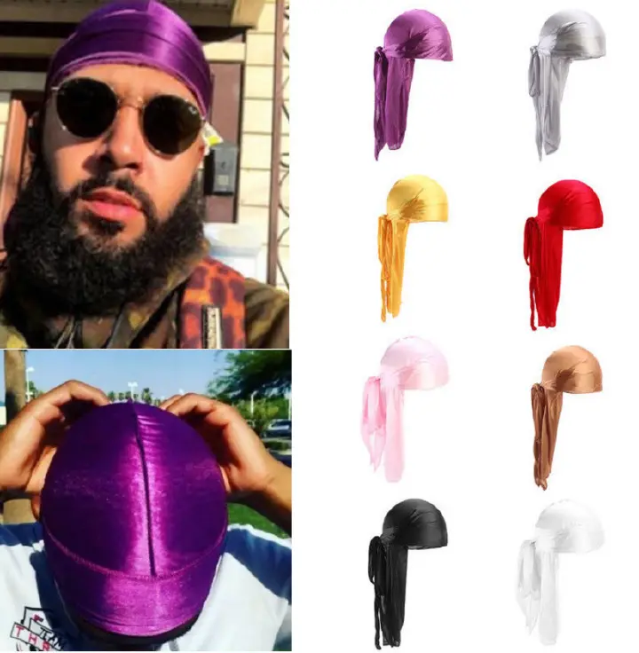 Men Silky Durags Bandanas Turban Hat Wigs Doo Durag Biker Headband Hair Accessories Long Tail Durag