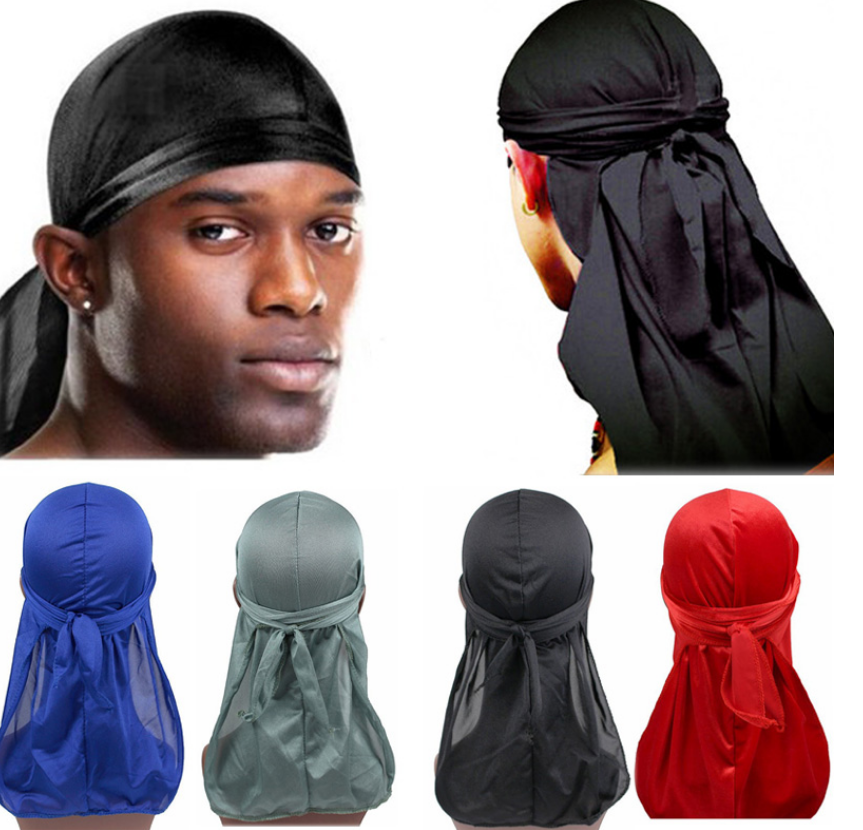 Men Silky Durags Bandanas Turban Hat Wigs Doo Durag Biker Headband Hair Accessories Long Tail Durag