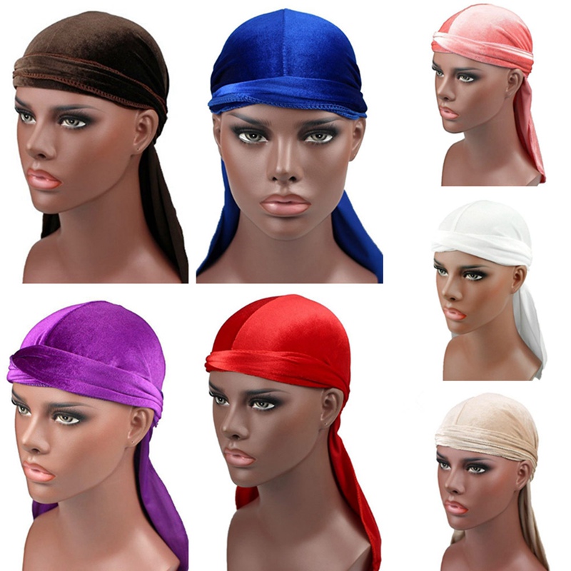 Unisex Men Women Breathable Bandana Hat Velvet Durag Doo Rag Long Tail Headwrap Chemo Cap