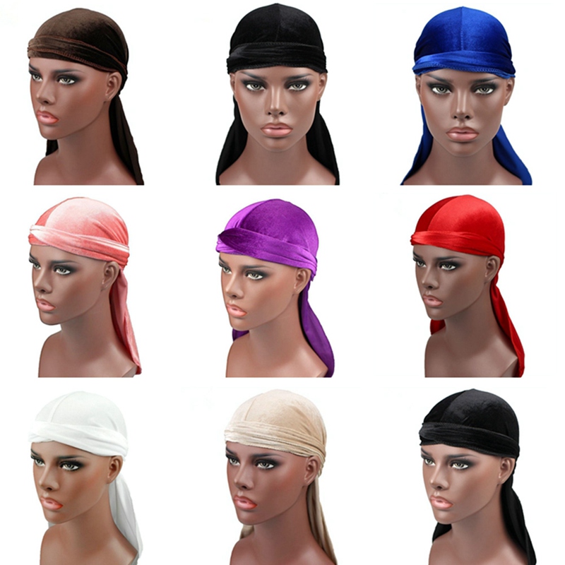 Unisex Men Women Breathable Bandana Hat Velvet Durag Doo Rag Long Tail Headwrap Chemo Cap