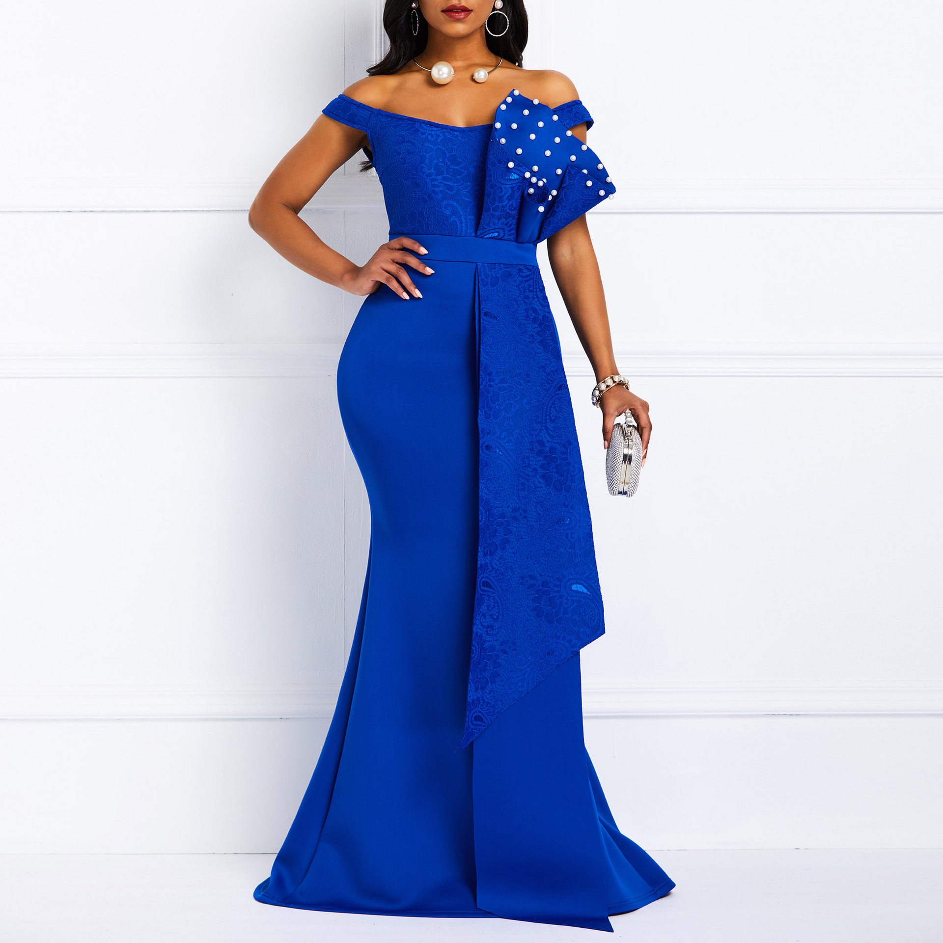Women Off Shoulder Long Dress Mermaid Slash Neck Beads Prom Evening Lace Elegant Party Maxi Dresses