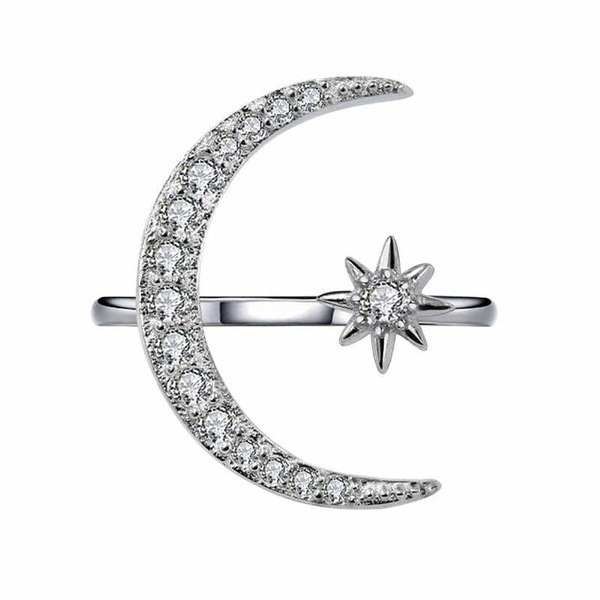 New Design CZ Zircon Star Moon Ring Fashion Statement Geometric Gold Silver Rose Gold Ring Jewelry