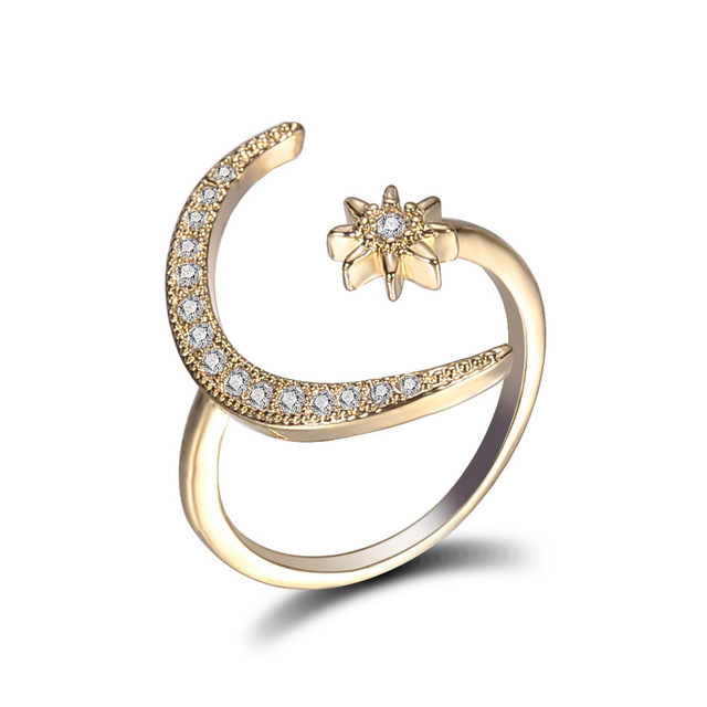 New Design CZ Zircon Star Moon Ring Fashion Statement Geometric Gold Silver Rose Gold Ring Jewelry