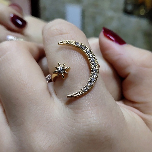 New Design CZ Zircon Star Moon Ring Fashion Statement Geometric Gold Silver Rose Gold Ring Jewelry