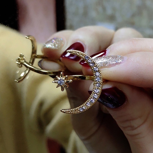 New Design CZ Zircon Star Moon Ring Fashion Statement Geometric Gold Silver Rose Gold Ring Jewelry