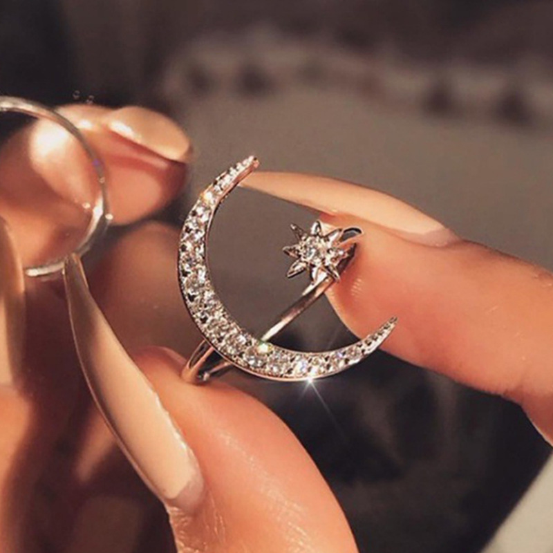 New Design CZ Zircon Star Moon Ring Fashion Statement Geometric Gold Silver Rose Gold Ring Jewelry