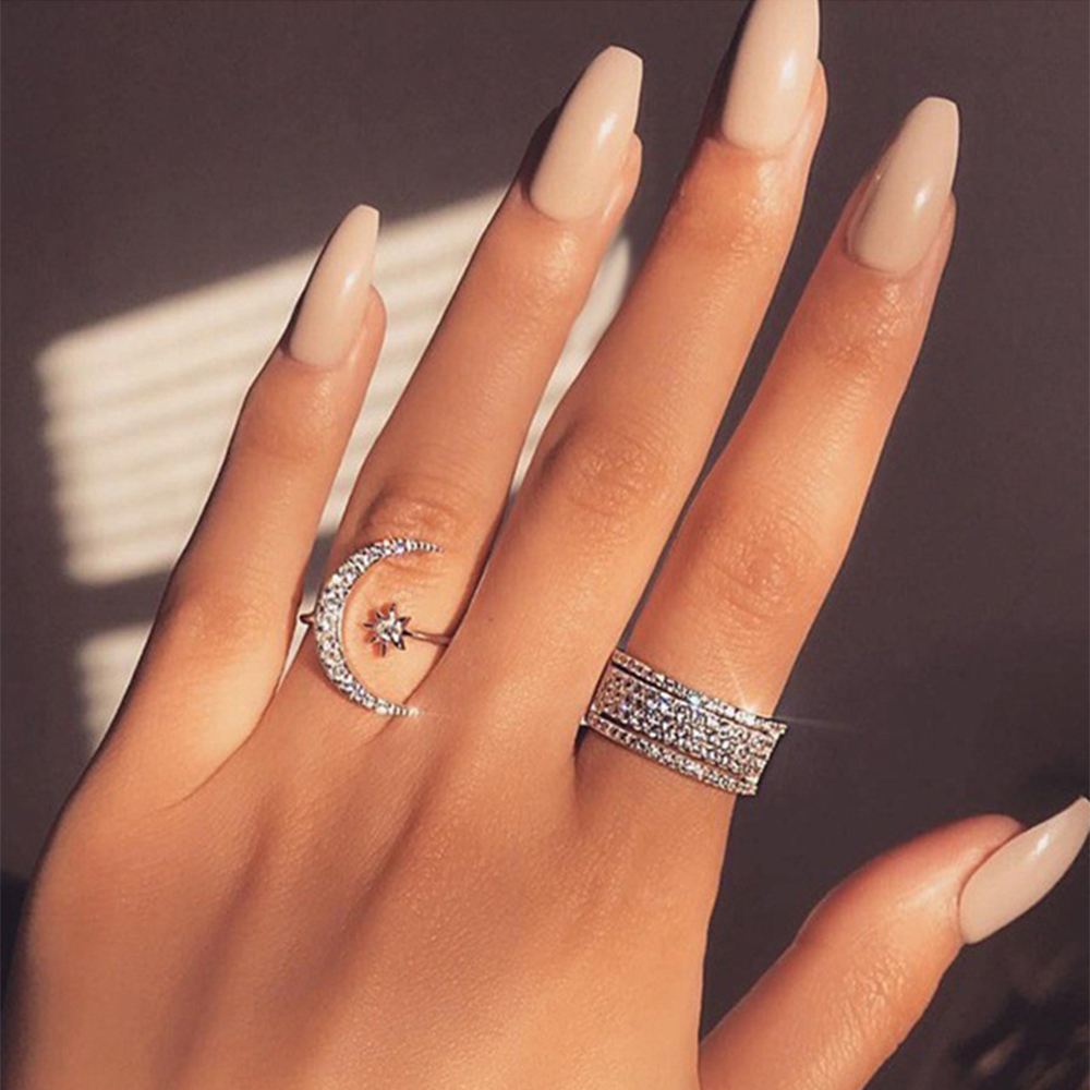 New Design CZ Zircon Star Moon Ring Fashion Statement Geometric Gold Silver Rose Gold Ring Jewelry