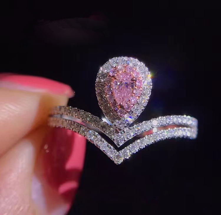 Luxurious Rings Women Fashion Pink Water Drop Crown Ring Jewelry Engagement Bride Wedding Gift Ring