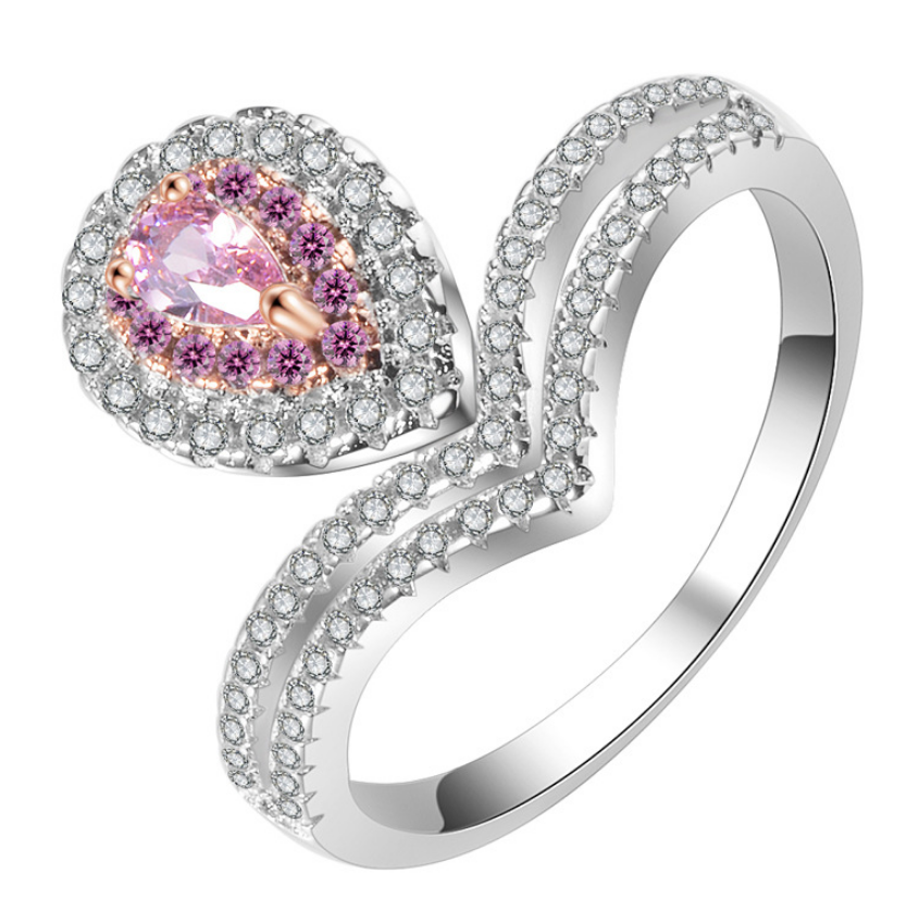 Luxurious Rings Women Fashion Pink Water Drop Crown Ring Jewelry Engagement Bride Wedding Gift Ring