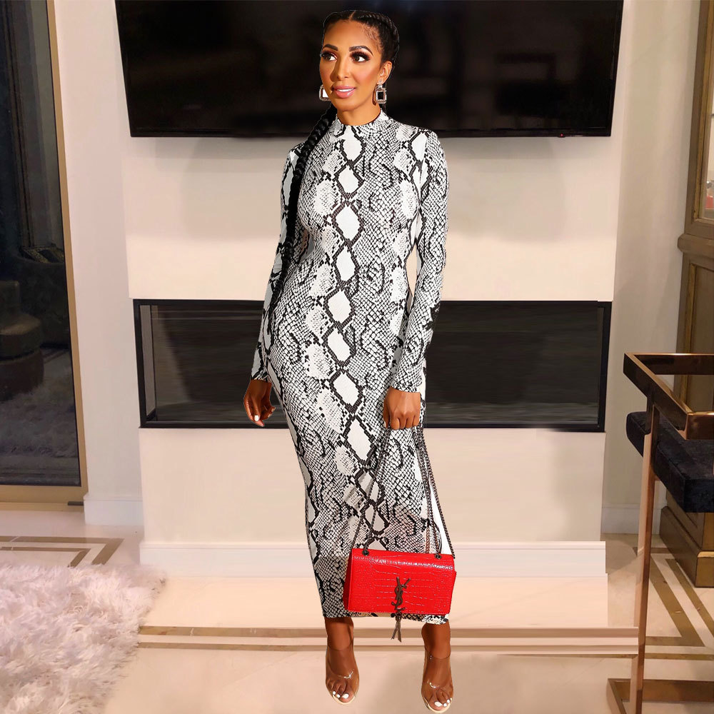 INS Hot Sexy Snake Skin Print Dresses Women Long Sleeve Bodycon Dress Party Dress