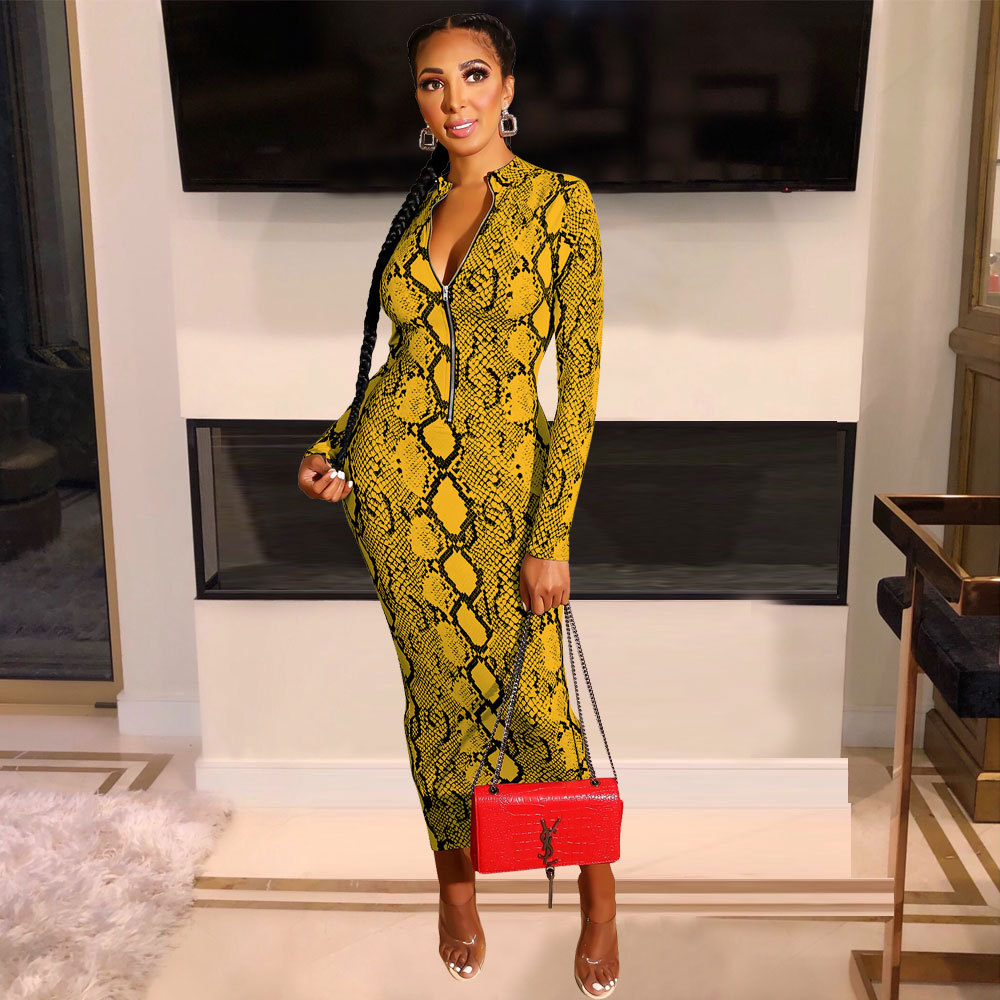 INS Hot Sexy Snake Skin Print Dresses Women Long Sleeve Bodycon Dress Party Dress