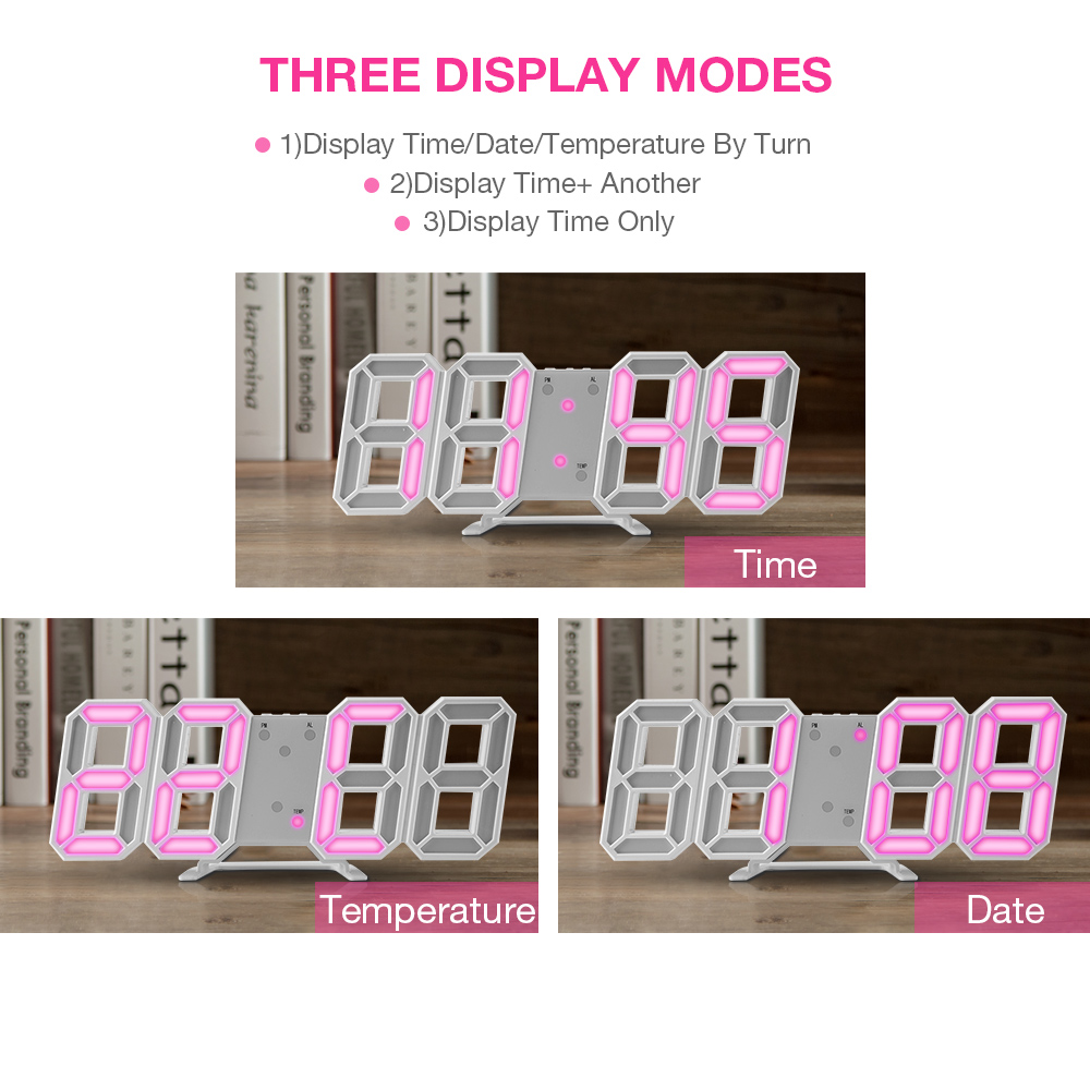 3D Large Wall Clock Digital LED Date Time Celsius Night Light Desk Table Clocks Alarm Clock