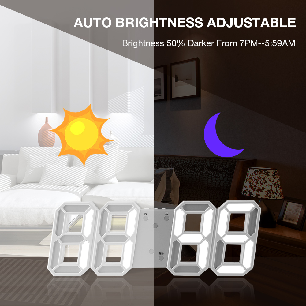 3D Large Wall Clock Digital LED Date Time Celsius Night Light Desk Table Clocks Alarm Clock