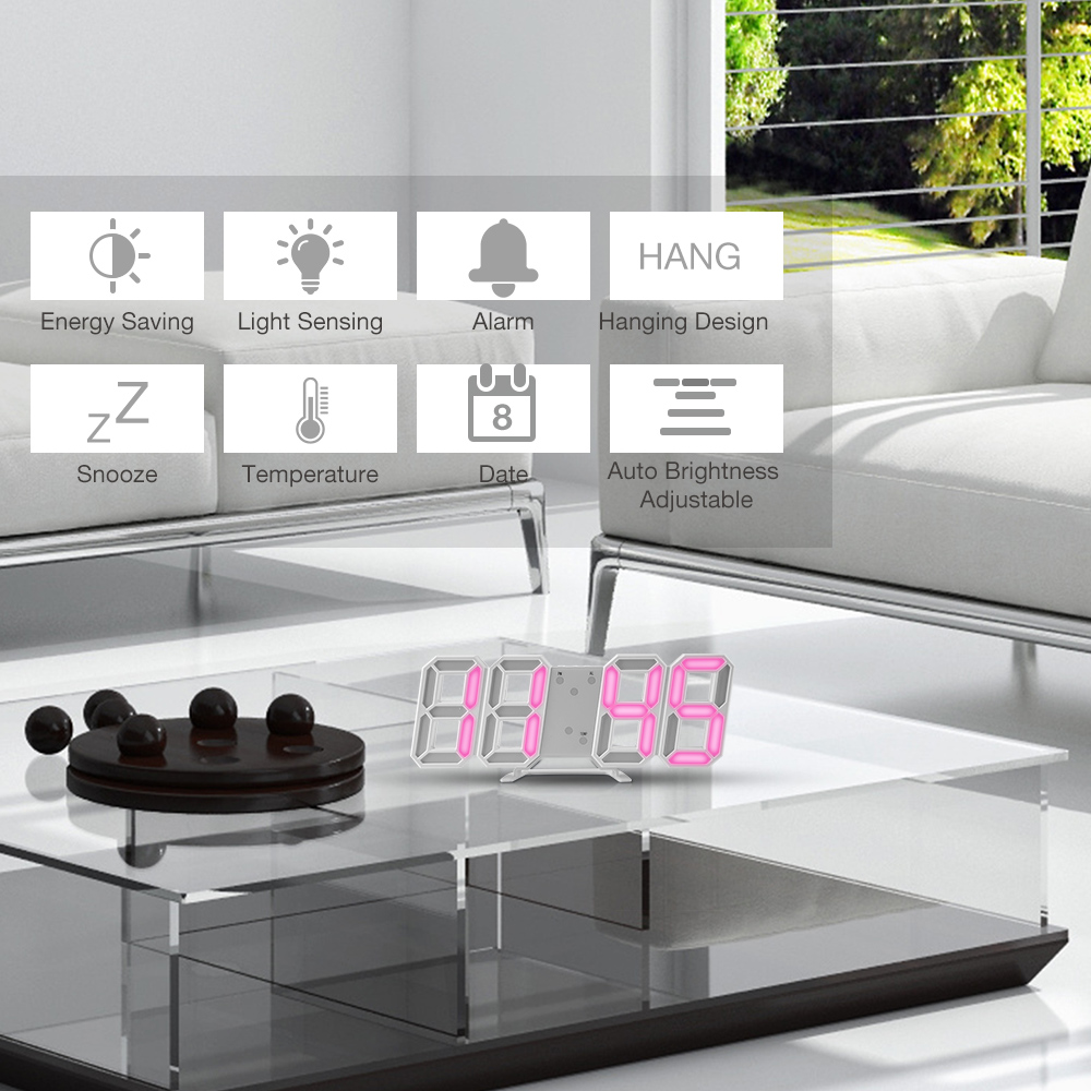 3D Large Wall Clock Digital LED Date Time Celsius Night Light Desk Table Clocks Alarm Clock
