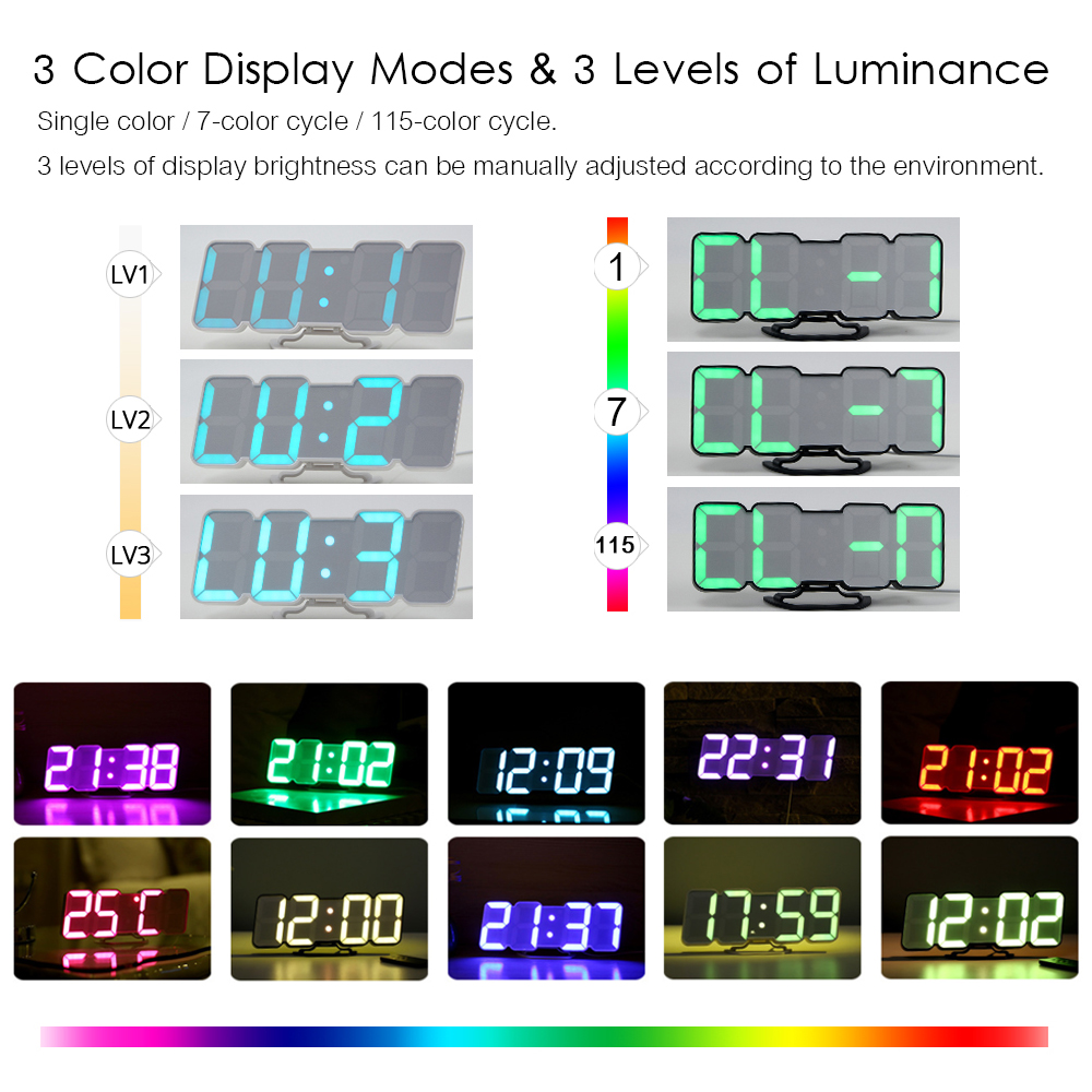 Remote Control 3D LED Wall Clock 115 Color LED Clock Sound Control Alarm Clock Time Temperature Date