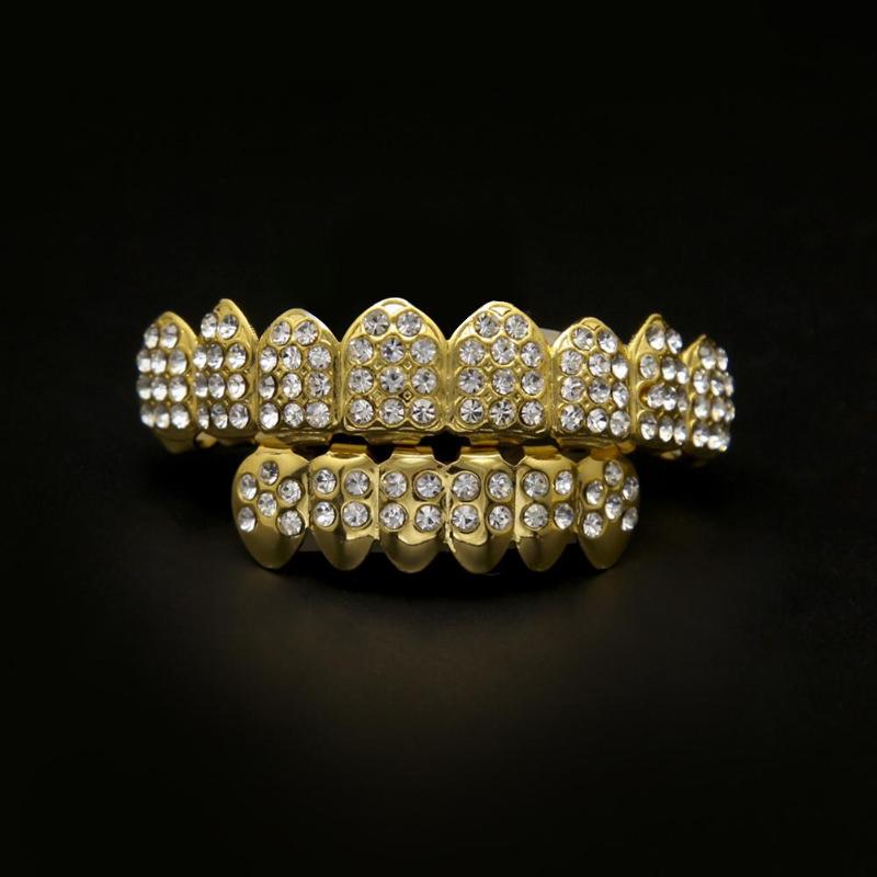 2PCS Hip Hop Golden Braces Teeth Grillz Caps Top Bottom Grill Set Flat Teeth Golden Dental Braces