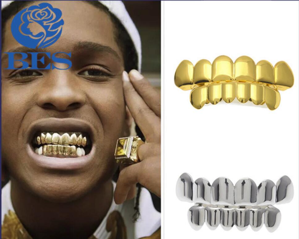 2PCS Hip Hop Golden Braces Teeth Grillz Caps Top Bottom Grill Set Flat Teeth Golden Dental Braces