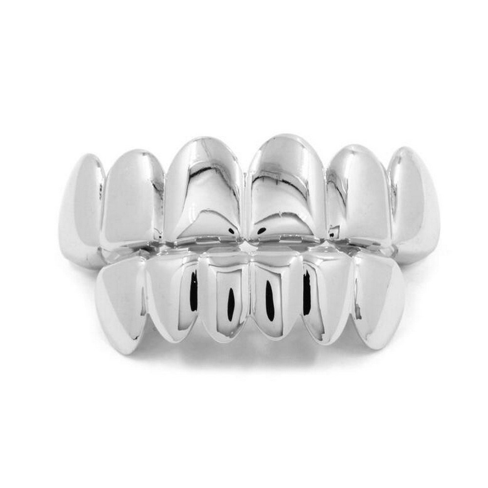 2PCS Hip Hop Golden Braces Teeth Grillz Caps Top Bottom Grill Set Flat Teeth Golden Dental Braces