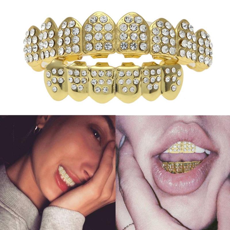 2PCS Hip Hop Golden Braces Teeth Grillz Caps Top Bottom Grill Set Flat Teeth Golden Dental Braces