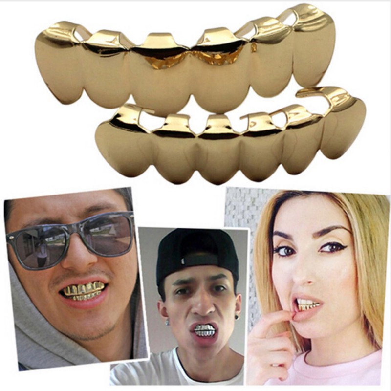 2PCS Hip Hop Golden Braces Teeth Grillz Caps Top Bottom Grill Set Flat Teeth Golden Dental Braces