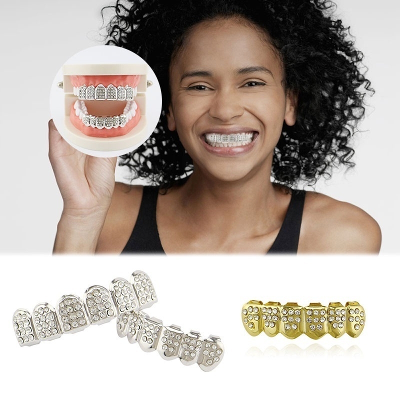 2PCS Hip Hop Golden Braces Teeth Grillz Caps Top Bottom Grill Set Flat Teeth Golden Dental Braces